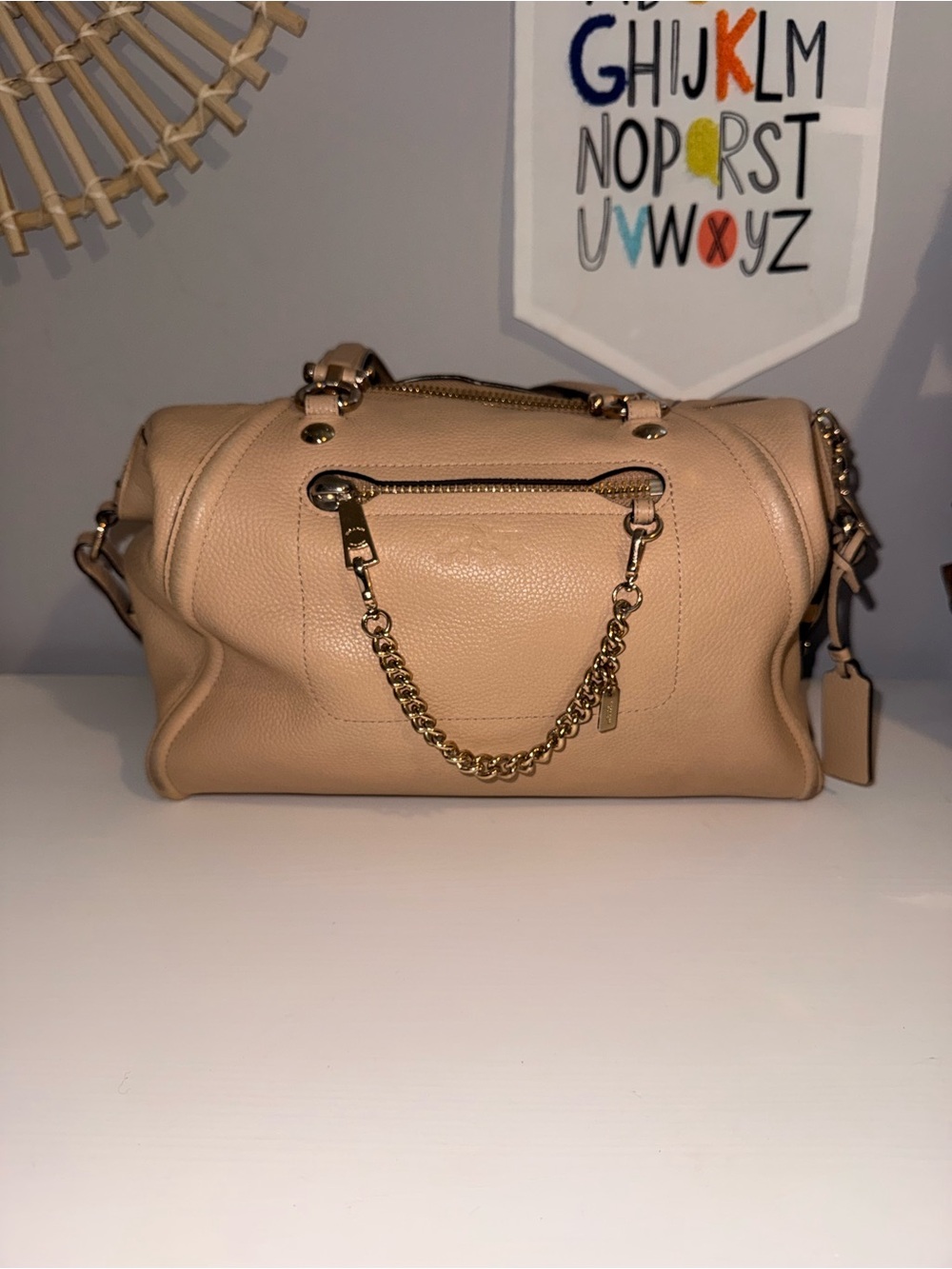 Coach Chain Satchel Bag with Crossbody Strap - Beige